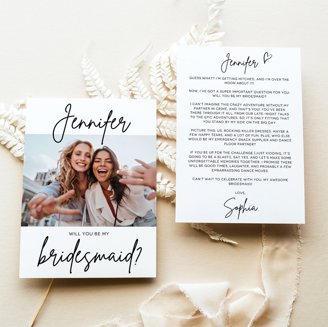 Editable Will You Be My Bridesmaid Card Template With Photo Simple