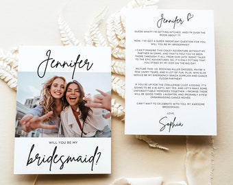 Editable Will You Be My Bridesmaid Card Template with Photo - Simple Bridesmaid Proposal Card, Maid of Honor Proposal, JENNI