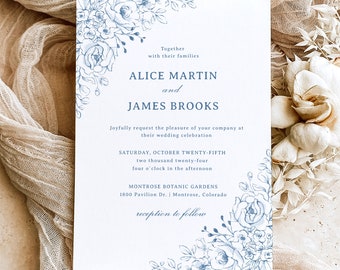 Dusty Blue Wedding Invitation Template - Romantic Soft Blue Wedding Card with Roses, Editable Light Blue Lush Floral Invite, EMMA