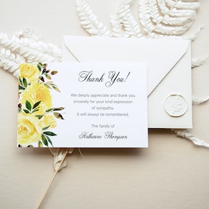 Modèle de carte de remerciement pour funérailles - Notes de remerciement imprimables florales, cartes de remerciement de sympathie avec roses jaunes, 3310