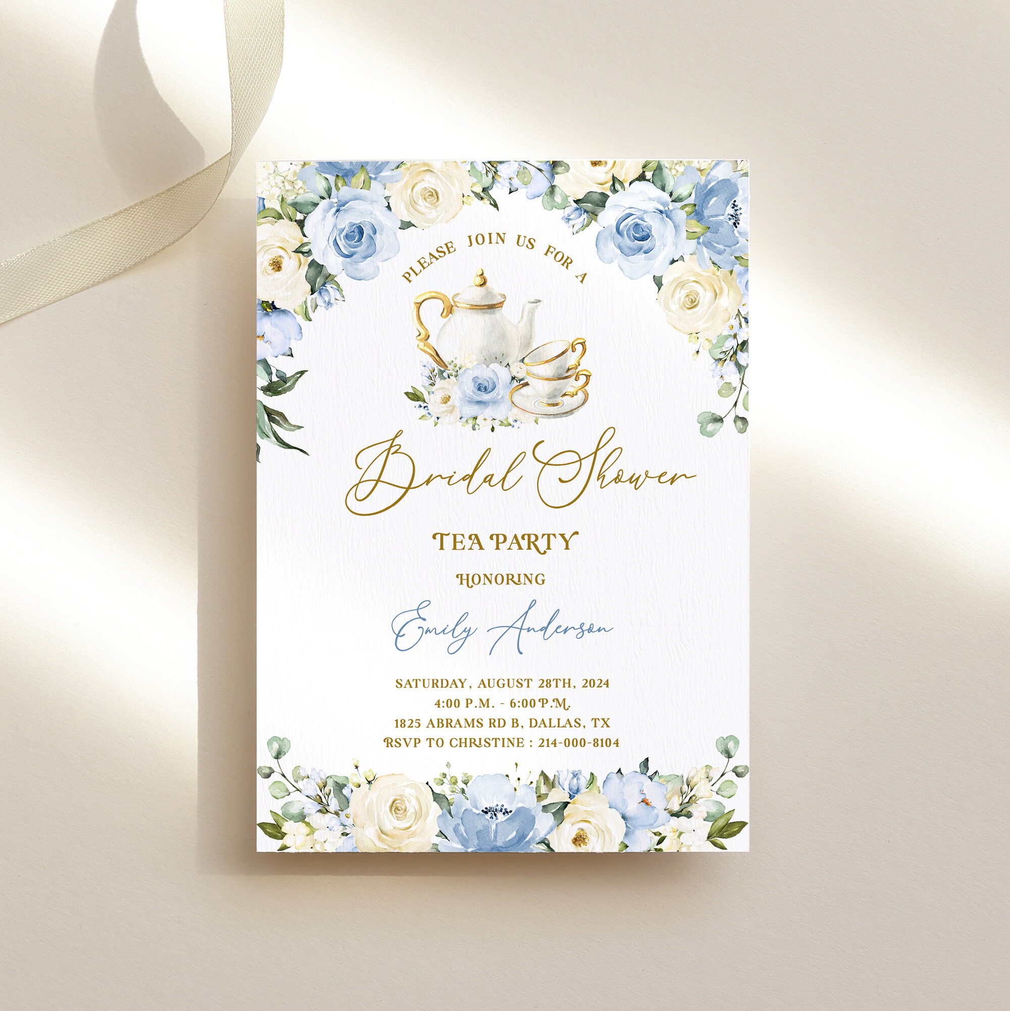 Dusty Blue Bridal Shower Tea Party Invitation Template - Slate Blue Cream Roses Flower High Tea Invite, Baby Blue Ivory Par-Tea Card, REMI