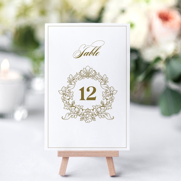 Baroque Style Wedding Table Numbers Printable Template with Vintage Wreath - Wedding Crest Dinner Table Decor Frame, Reception Seating, MINA