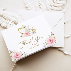 Blush Tea Party-bedankkaartsjabloon - oudroze en crème bedankbriefje gevouwen en plat, bewerkbare par-theekaart vrijgezellenfeest, AURORA
