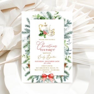 Modello di invito modificabile per il Christmas Tea Party - Invito per il tè pomeridiano, Invito completo per il tè pomeridiano invernale, Biglietto di auguri per il Merry Xmas Par-Tea, AGRIFOGLIO