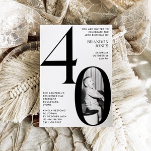 40th Birthday Invitation Template with Photo - Fortieth Bday Black and White Editable Card, Simple Invite for Women Men, Hello Forty, SARA