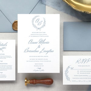 Wedding Invitation Suite Template with Dusty Blue Monogram Wreath, Classic Calligraphy Invite and RSVP, Rustic DIY Wedding Kit, NIKA