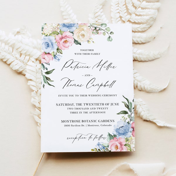 Rustic Wedding Invitation Instant Download - Dusty Blue and Blush Pink Rose DIY Card Template, Light Blue Floral Calligraphy Invite, CHLOE