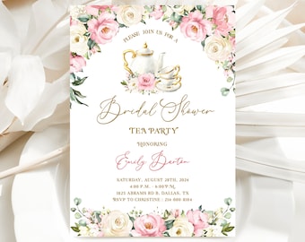 Bridal Shower Blush Tea Party Invitation Template - Printable Dusty Rose Pink Floral Invite, Rustic Floral Editable Par-Tea Card, AURORA