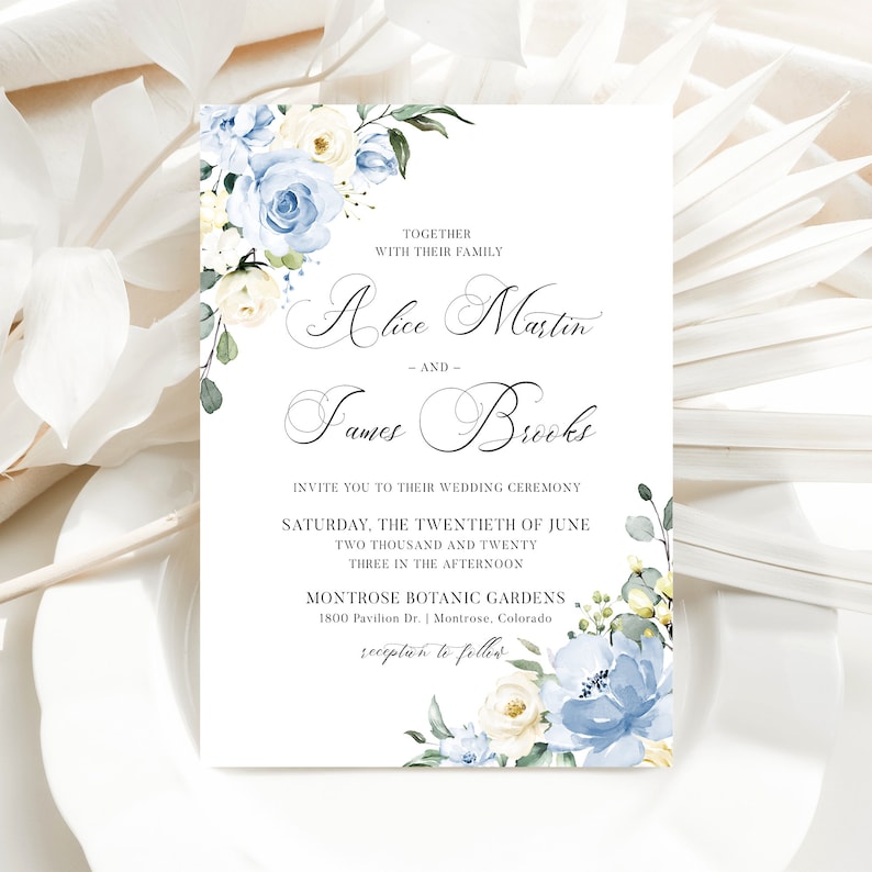 Rustic Wedding Invitation Instant Download Dusty Blue DIY Wedding Card Template, Light Blue and Green Floral Calligraphy Invite, ALICE image 1