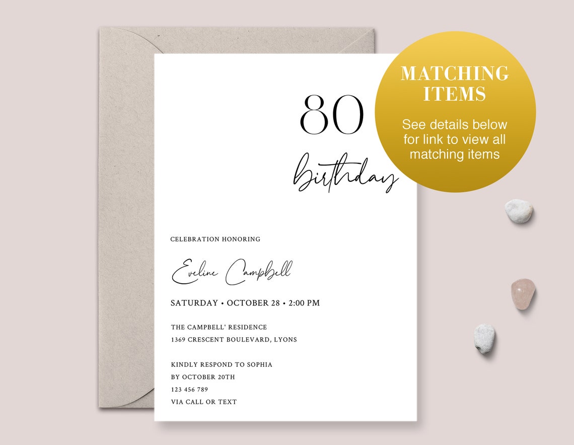 Electronic 80th Birthday Invitation Template for Women or Men | Etsy