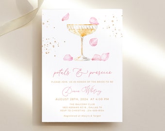 Petals and Prosecco Bridal Shower Invitation Template - Editable Garden Party Invite, Champagne Coupe Glass, Blush Pink Bohemian Card, JANE