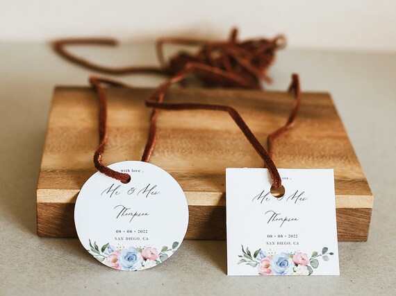 Wedding Favor Thank You Stickers - Favor Tags with Dusty Blue and Pink Flowers, Round and Square Printable Template, Envelope Sticker, CHLOE Il_570xn