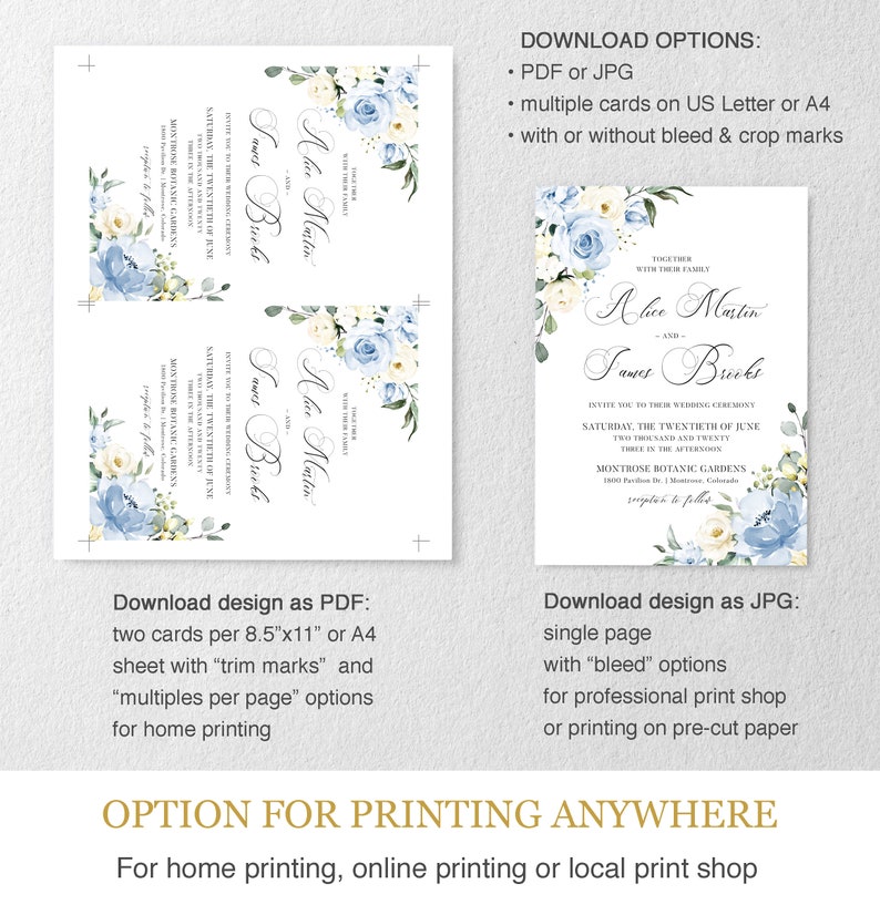 Rustic Wedding Invitation Instant Download Dusty Blue DIY Wedding Card Template, Light Blue and Green Floral Calligraphy Invite, ALICE image 4