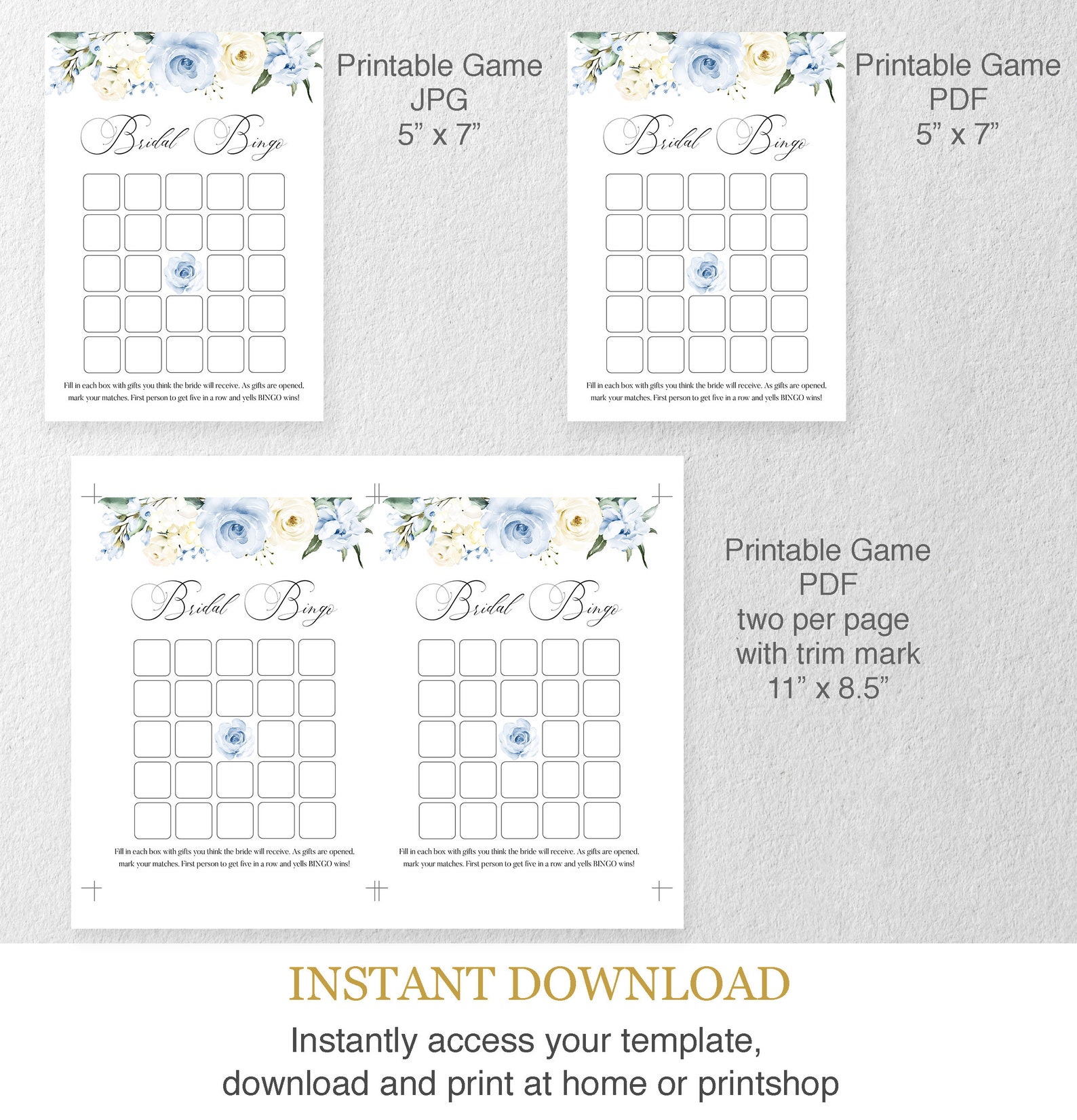 Bridal Shower Bingo Game Template Dusty Blue Bridal Shower | Etsy