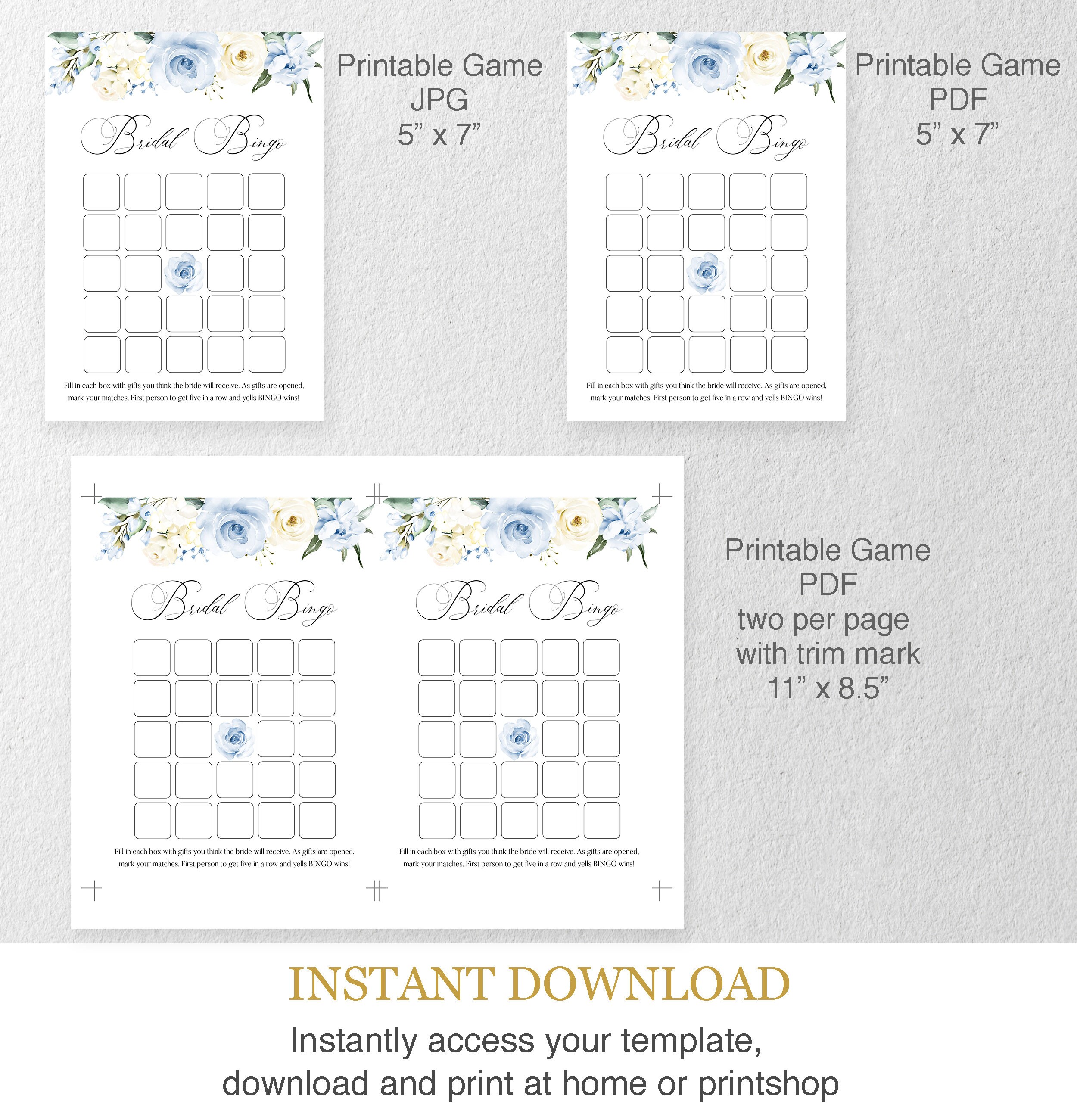 Bridal Shower Bingo Game Template Dusty Blue Bridal Shower | Etsy
