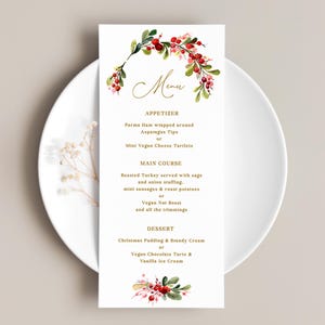 Szablon menu świątecznego - Holly Berry Edytowalna karta, świąteczna impreza firmowa, coroczna kolacja rodzinna, elegancka dekoracja stołu świątecznego, MILI