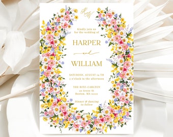 Garden Flowers Wreath Wedding Invitation Template - Editable Rustic Spring Floral Card, Bright Party Invite, Fairy Cottagecore Theme, ESME