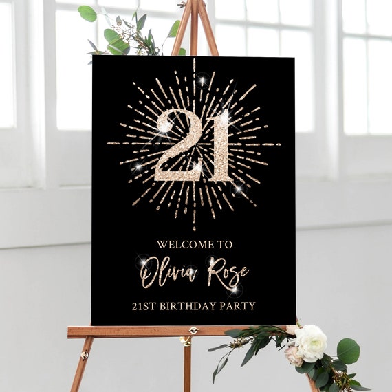 Black and Gold 21st Birthday Welcome Sign Template - Sparkle Posh Party ...