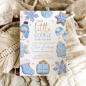 Modèle d'invitation de baby shower bleu pain d'épice - thème des vacances, notre petit biscuit est en route, modifiable hiver c'est une invitation de garçon, NOLA
