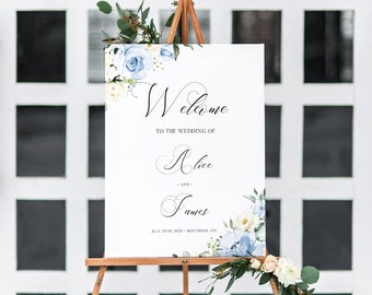 Wedding Welcome Sign Printable Template - Dusty Blue Wedding Sign with Script Font, Floral Welcome To Our Wedding Sign, ALICE