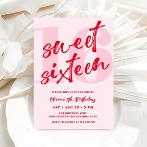 Sjabloon Sweet Sixteen verjaardagsfeestje uitnodiging - Blush roze rood minimale 16e B-Day Card voor meisjes, Girly Simple Invite, meisje 16 Bday, LEAH