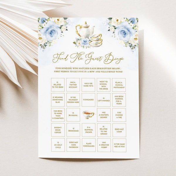 Find The Guest Bingo Game Template - Bridal Shower Tea Party, Editable Dusty Blue and Ivory Summer Par-Tea Card, Tea Time Fun Games, REMI