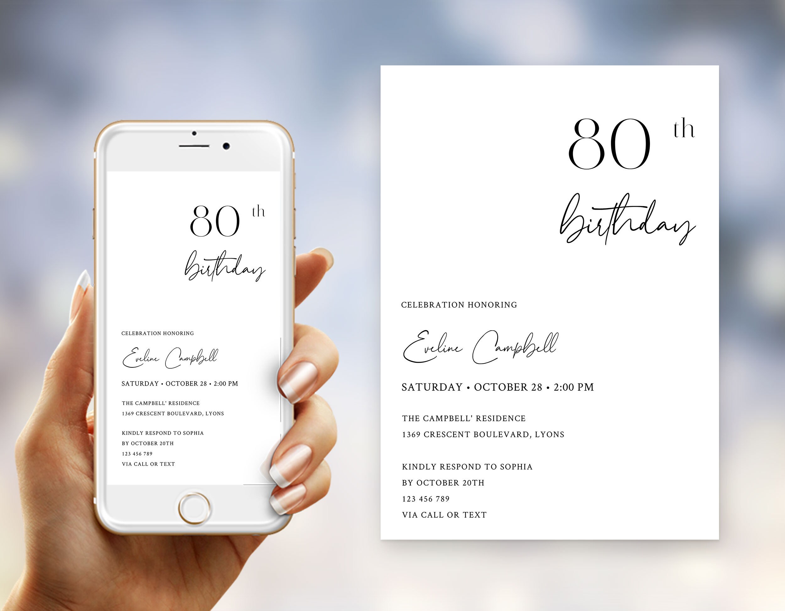 80th Birthday Invitation Template Modern Minimalist Set | Etsy