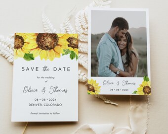 Sunflower Save the Date Template with Photo - Cottagecore Yellow Flower Editable Save our Date Card, Rustic Wedding Announcement, SUNNY