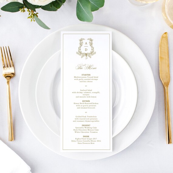 Monogram Wedding Menu Cards Template with Botanical Wreath - Wedding Crest Tea Length Menu, Wedding Logo Printable Menu Card, Corjl, LEAH Il_570xn