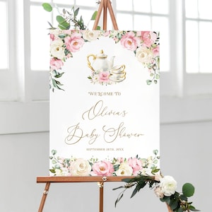 Tea Party Baby Shower Welcome Sign Template - Rustic Floral It&#39;s a Girl Party Decor, Printable Banner with Dusty Rose Pink Flower, AURORA