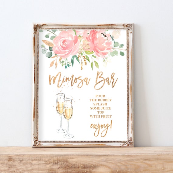 Blush Pink Mimosa Bar Sign Template - Bridal Shower Bubbly Bar Sign Printable, Bridal Brunch Rustic Floral Drink Party Sign Rose Gold, SUGAR Il_570xn