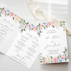 Modello di programma di matrimonio bi-fold - Ordine di servizio piegato, programma di cerimonia del libretto, programma rustico blu polvere e rosa cipria, CHLOE