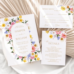 Modelo de suíte de convite de casamento de flores de jardim - detalhes florais coloridos e elegantes e cartão Rsvp, flores silvestres rosa amarelo brilhante, ESME
