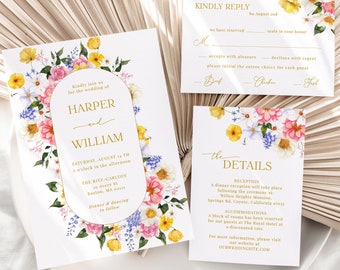 Garden Flowers Wedding Invitation Suite Template - Colorful Floral Elegant Details and  Rsvp Card, Bright Pink Yellow Blue Wildflowers, ESME