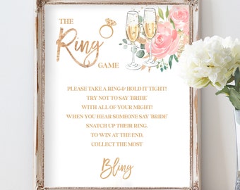 Die Ring-Brautparty-Spielvorlage – Bearbeitbares Schild „Don't Say Bride Game“, Brunch and Bubbly Game, Blush Pink, Champagnerflöten, ZUCKER
