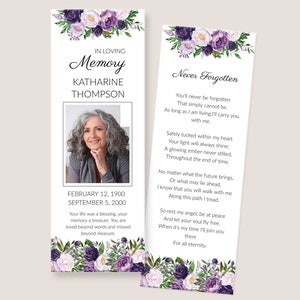 Funeral Bookmark Template - Memorial Bookmark with Purple Peonies and Roses, Editable and Printable Obituary Bookmark, 1584