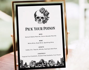 Halloween Bar Menu Sign Template - Bridal Shower Drink Menu Banner, Scull Victorian Wedding Party, Gothic Til Death Do Us Part, NORA