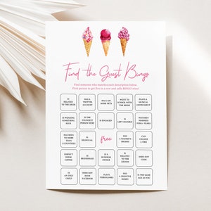 Bingo Find The Guest: Plantilla de juegos de despedida de soltera de helado, Tarjeta de juego de brunch de postre rosa imprimible, Recogido, Pdf instantáneo, NYRA