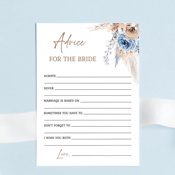 Bridal Shower Advice Card Template - Boho Chic Wedding Advice for the Bride, Bohemian Beige Blue Floral Notecard Printable, SURI Il_570xn