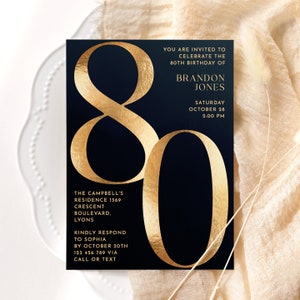 Modèle d'invitation 80e anniversaire - Carte modifiable 80e anniversaire chiffres en feuille d'or, invitation simple pour femme ou homme le jour de l'anniversaire, SARA