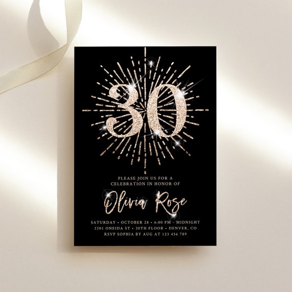 30th Birthday Black & Gold Invitation Template - Printable Sparkle Posh Invite for Woman, Shining Golden Glitter Editable Card, Corjl, AVERI Il_570xn