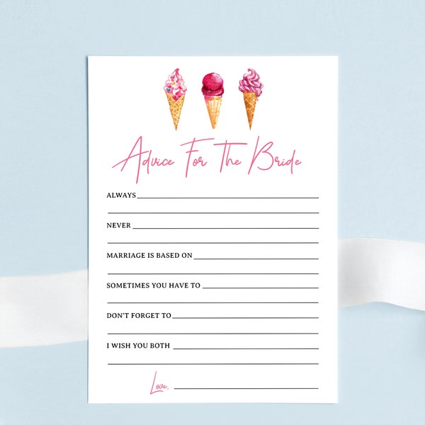 Bridal Shower Advice Card Template - Wedding Advice for the Bride, Ice Cream Bridal Party Activity, Pink Dessert Brunch Notecard, Pdf, NYRA