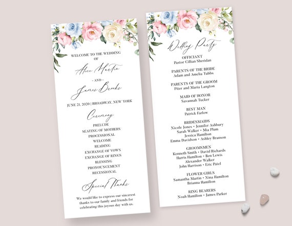 Rustic Wedding Program Template - Dusty Blue and Rose Pink Wedding Program Printable, Catholic Floral Wedding Ceremony Program Long, CHLOE Il_570xn