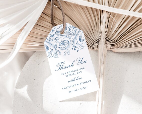 Dusty Blue Roses Wedding Favor Thank You Tag - Garden Party Gift Label Editable Template, Slate Blue Flowers Bridal Shower Tag, EMMA Il_570xn