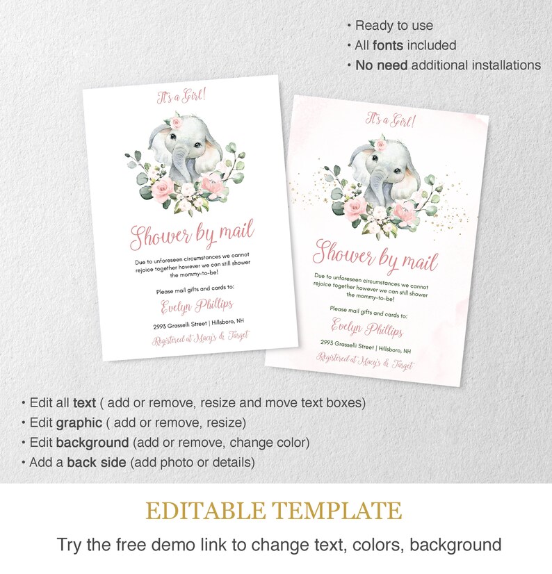 Virtual Baby Shower Invitations Elephant Baby Shower Girl Etsy