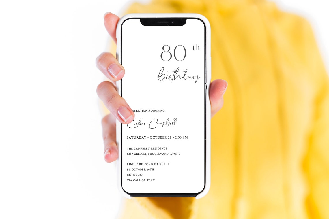 Electronic 80th Birthday Invitation Template for Women or Men | Etsy