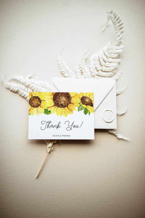 Sunflower Thank You Card Template Wedding Rustic Floral Thanks Card