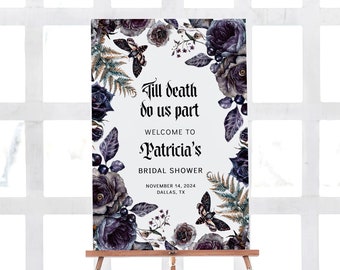 Gothic Bridal Shower Willkommensschild-Vorlage – Halloween-Party-Banner, Goth Purple Black Roses and Moth, Till Death Do Us Part, ABBY