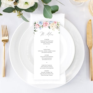 Szablon karty menu weselnego - rustykalne menu w kolorze brudnego błękitu i brudnego różu w stylu kwiatowym, edytowalna i drukowana karta menu, CHLOE