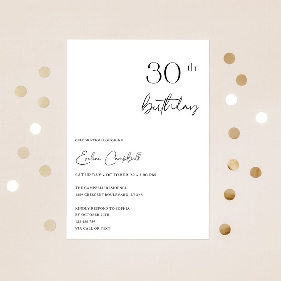 Minimalist 30th Birthday Invitation Template - Modern Editable Card, Printable Simple Invitations for Women or Men, Digital Download, NINA Il_570xn